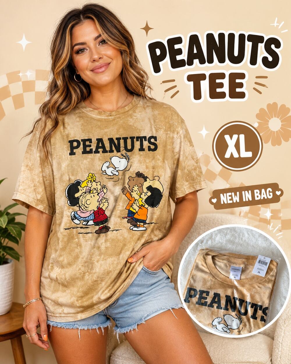 Peanuts Gang Snoopy Mineral Wash Graphic T Shirt Brown XL New in Bag